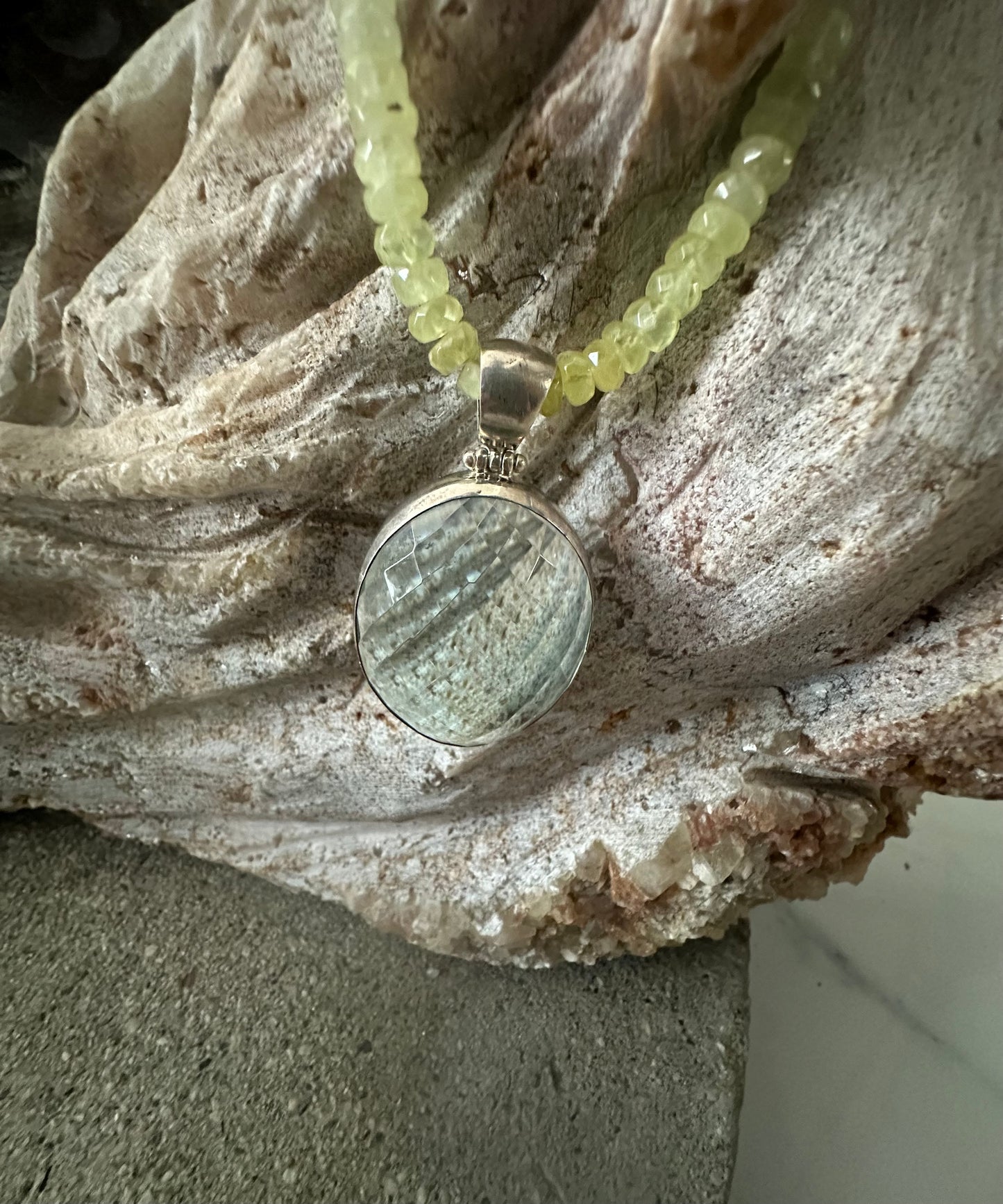 Big Light Green Obsidian Oval with Prehnite Beaded Sterling Silver Necklace