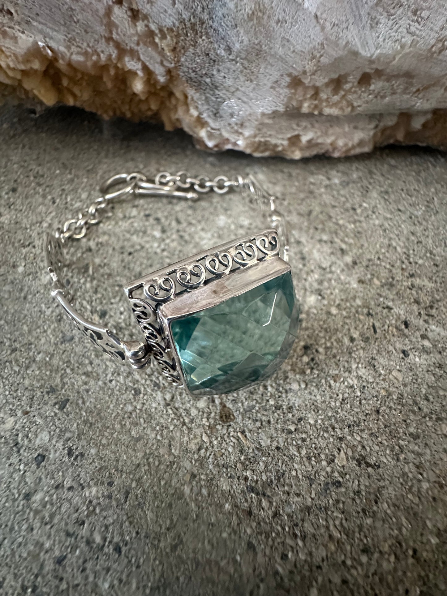 Green Obsidian Faceted Square Sterling Silver Bracelet