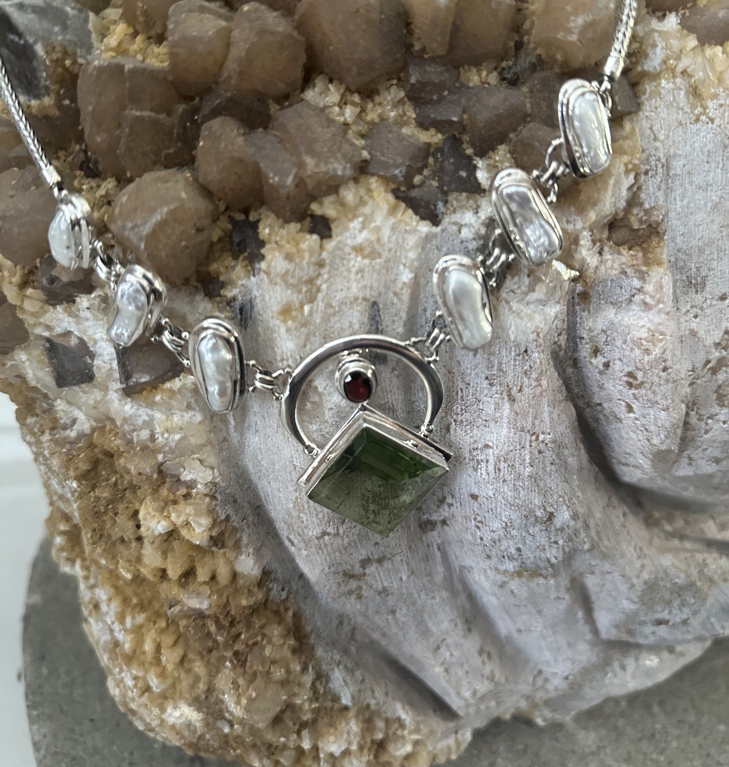Diamond-Shaped Green Obsidian with Biwa Pearls and Garnet Sterling Silver Necklace