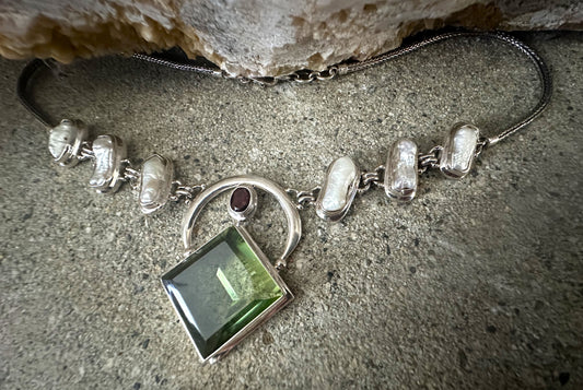 Diamond-Shaped Green Obsidian with Biwa Pearls and Garnet Sterling Silver Necklace