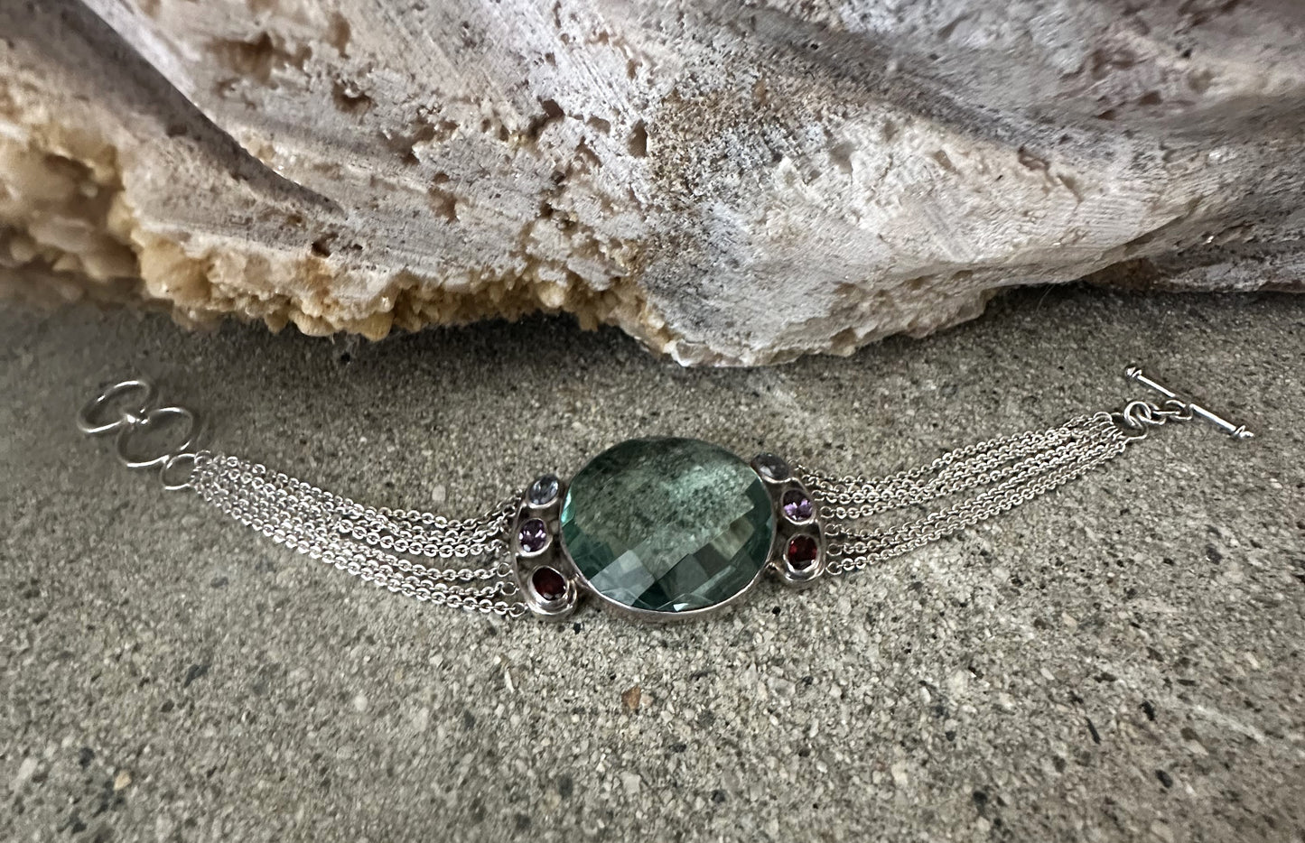 Green Obsidian Faceted Oval with Garnet, Amethyst, Blue Topaz Sterling Silver Bracelet