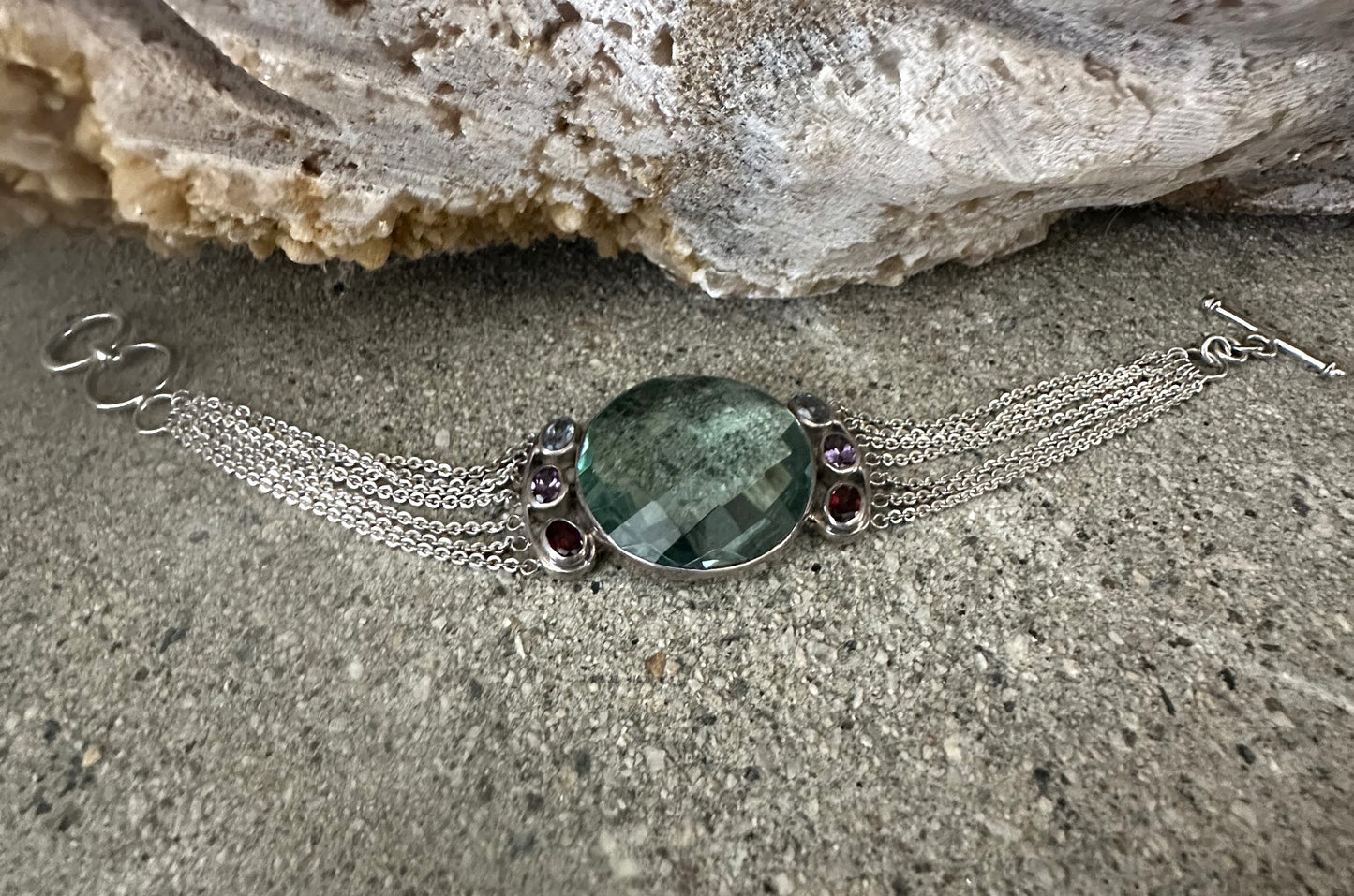 Green Obsidian Faceted Oval with Garnet, Amethyst, Blue Topaz Sterling Silver Bracelet