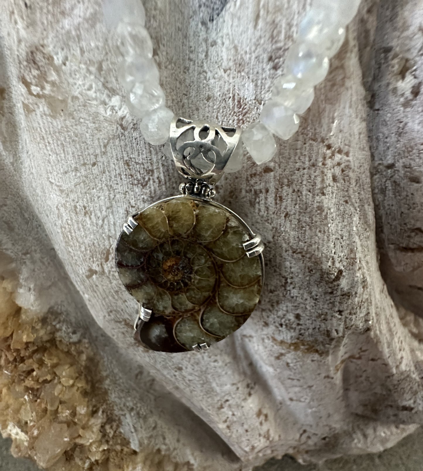 Amonite Pendant on Moonstone Beaded Sterling Silver Necklace