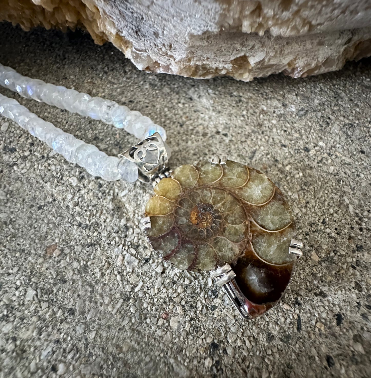 Amonite Pendant on Moonstone Beaded Sterling Silver Necklace
