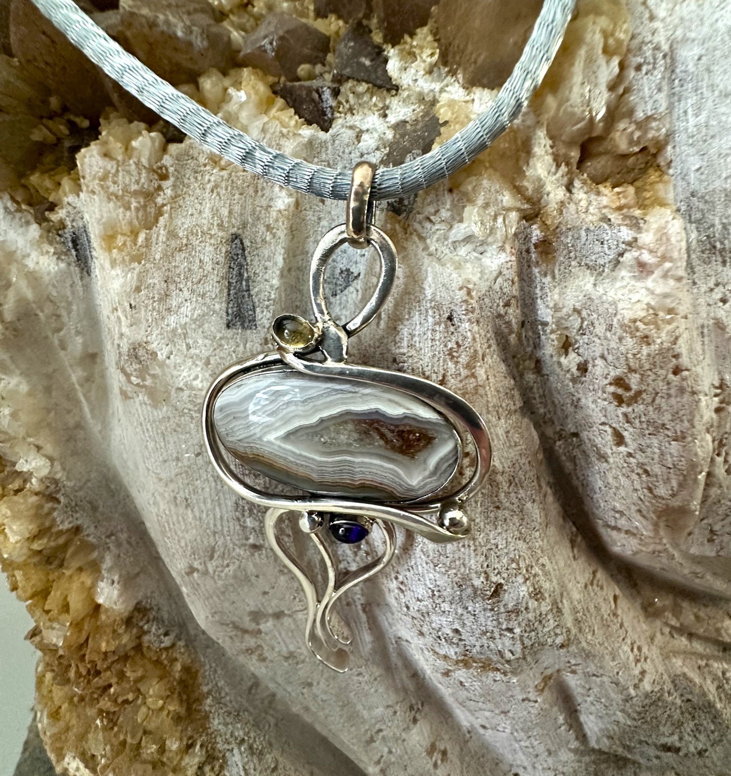 Big Brown Agat Pendant with Amethyst & Citrin Sterling Silver Necklace