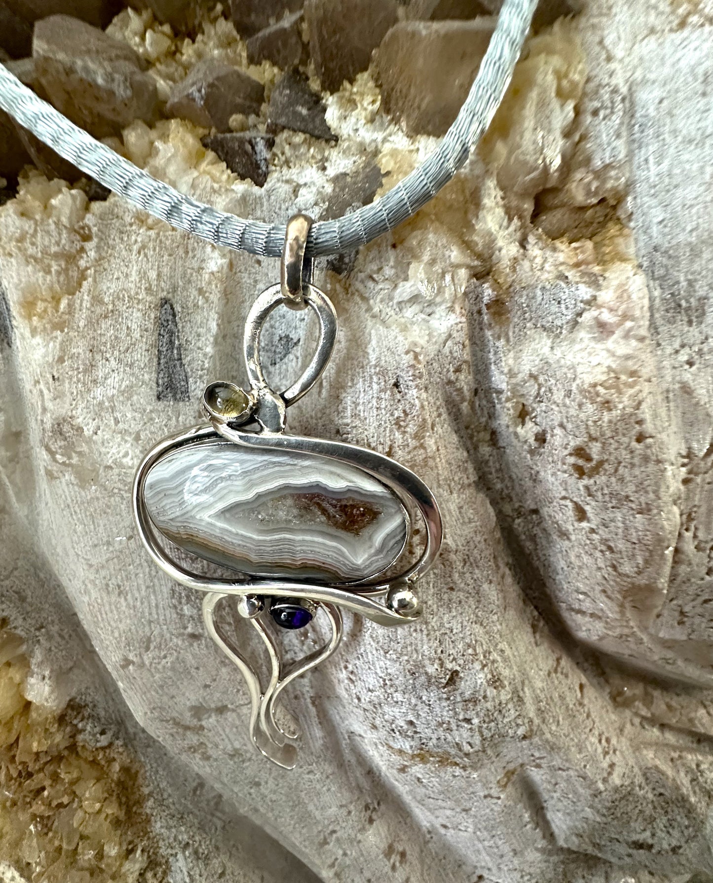 Big Brown Agat Pendant with Amethyst & Citrin Sterling Silver Necklace