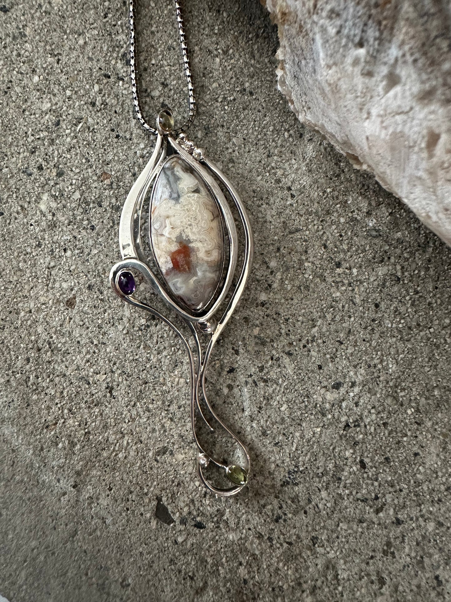 Big Brown Agat Pendant with Amethyst & Peridot Sterling Silver Necklace