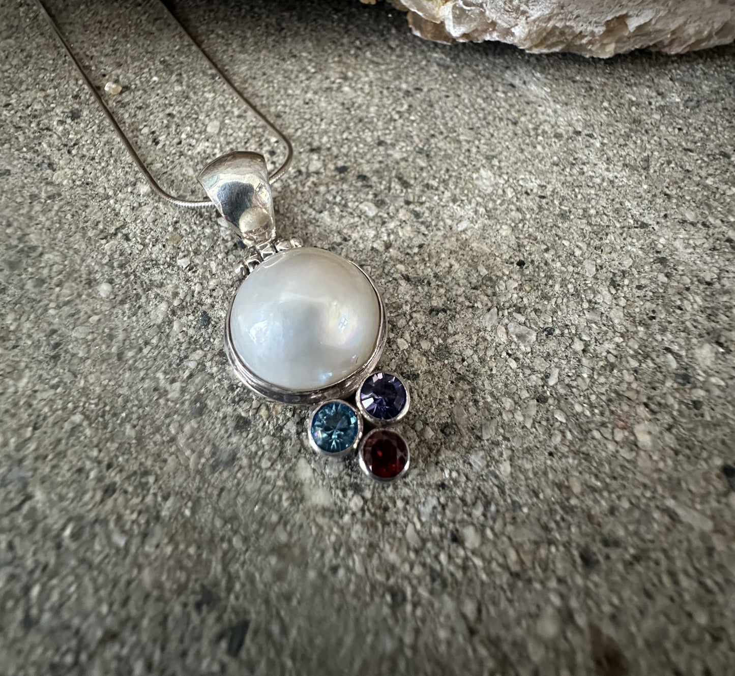White Mabe Pearl with Amethyst Garnet Blue Topaz Sterling Silver Necklace