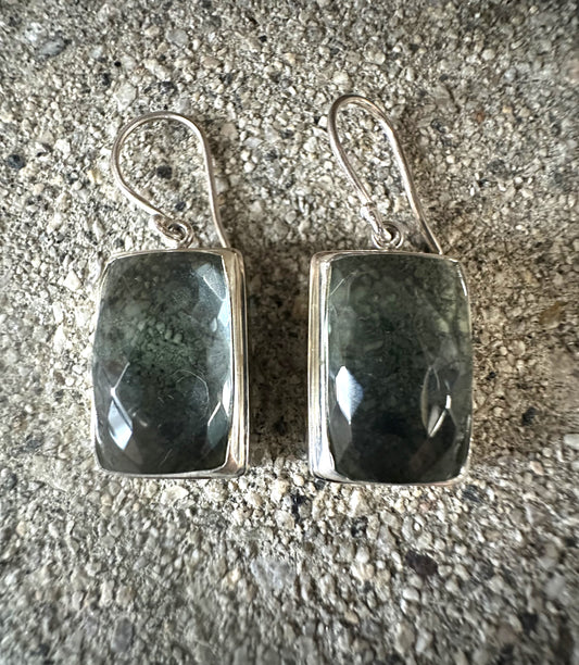 Green Obsidian Faceted Rectangle Sterling Silver Earrings