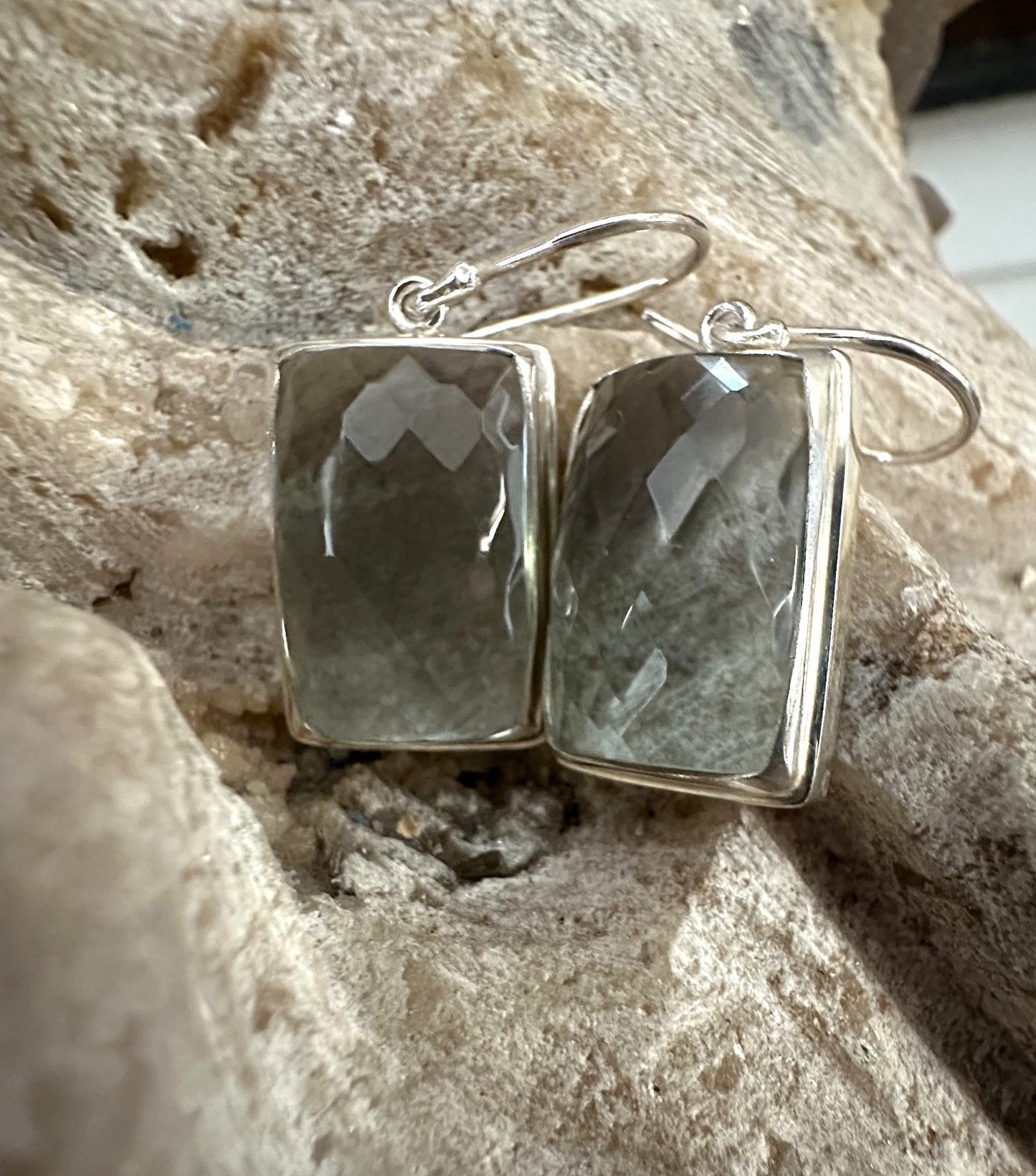 Green Obsidian Faceted Rectangle Sterling Silver Earrings