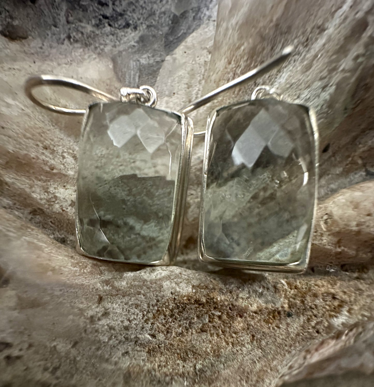 Green Obsidian Faceted Rectangle Sterling Silver Earrings