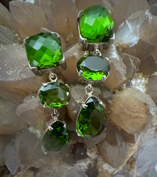 Green Obsidian 3 Faceted Stones Sterling Silver Earrings