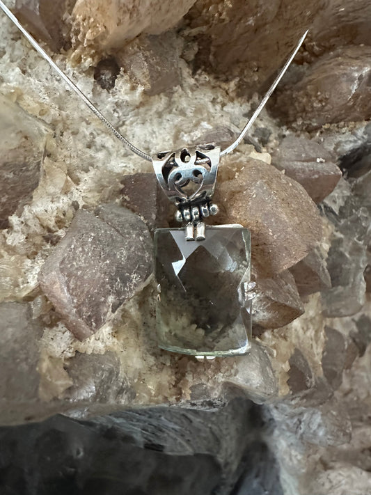 Grene Obsidian Faceted Rectangle Sterling Silver Necklace