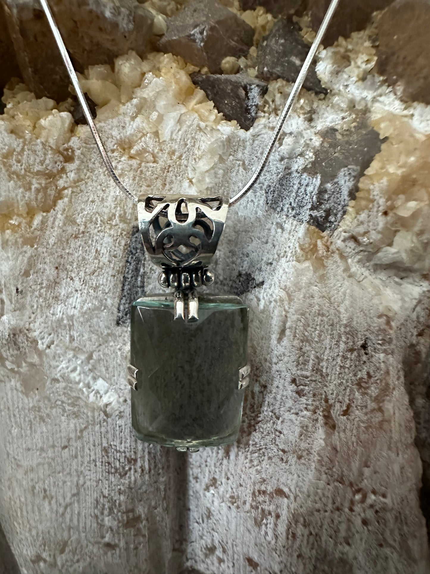 Grene Obsidian Faceted Rectangle Sterling Silver Necklace