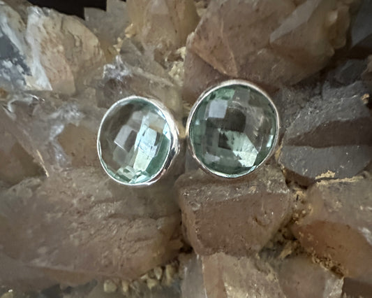 Green Obsidian Faceted Round Sterling Silver Post Earrings