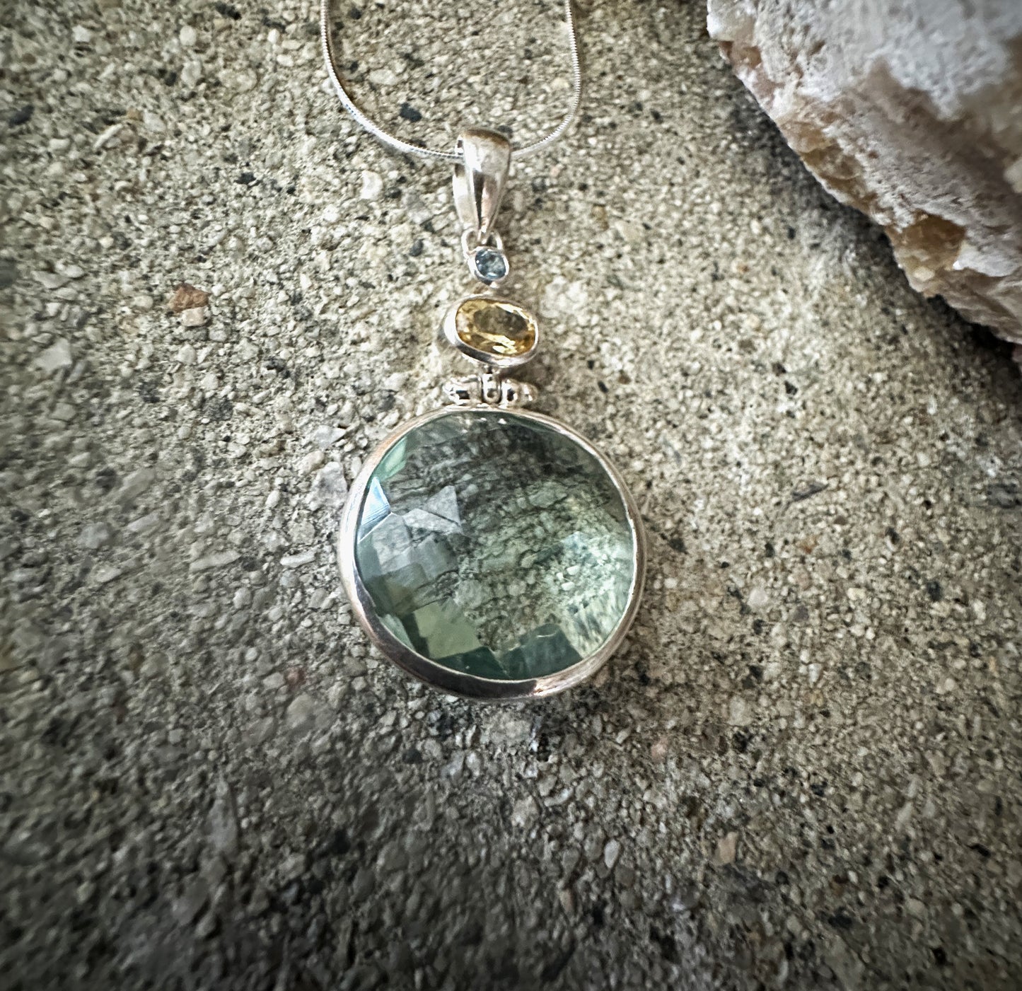 Green Obsidian with Citrin and Blue Topaz Sterling Silver Necklace
