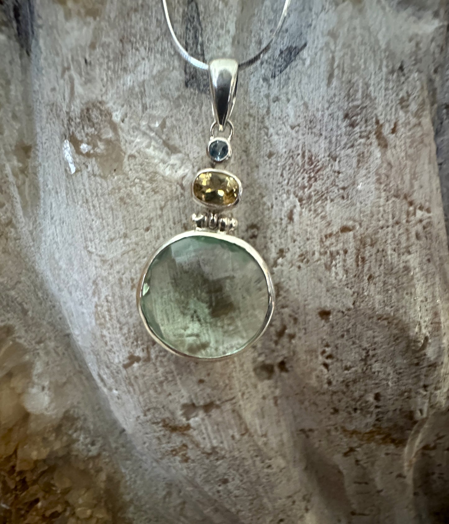 Green Obsidian with Citrin and Blue Topaz Sterling Silver Necklace