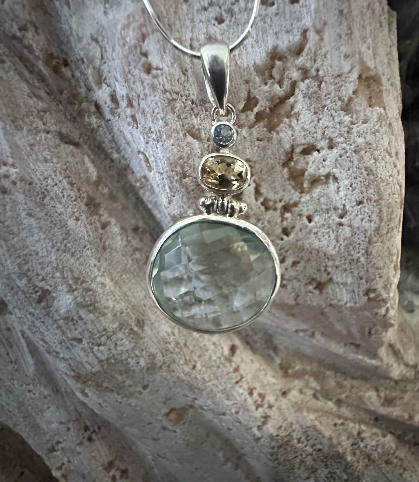 Green Obsidian with Citrin and Blue Topaz Sterling Silver Necklace