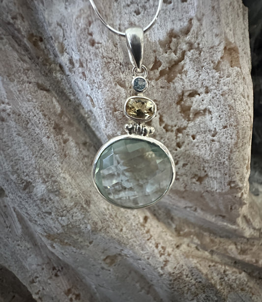 Green Obsidian with Citrin and Blue Topaz Sterling Silver Necklace