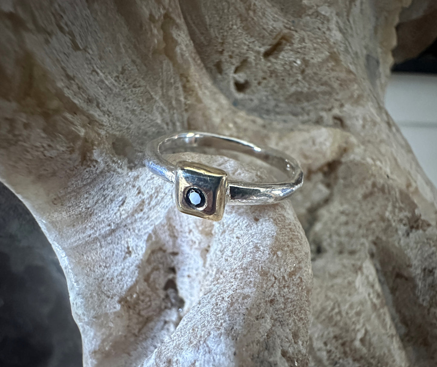 Square Sapphire Two Tone Gold & Sterling Silver Ring