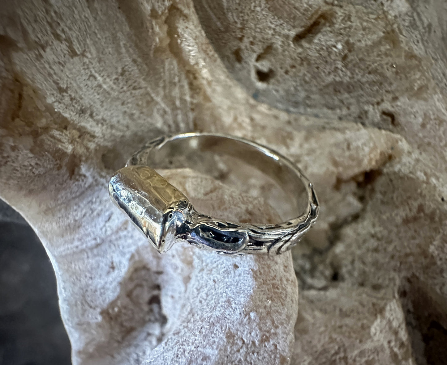 Solid Gold Bar On Decorative Sterling Silver Band Ring