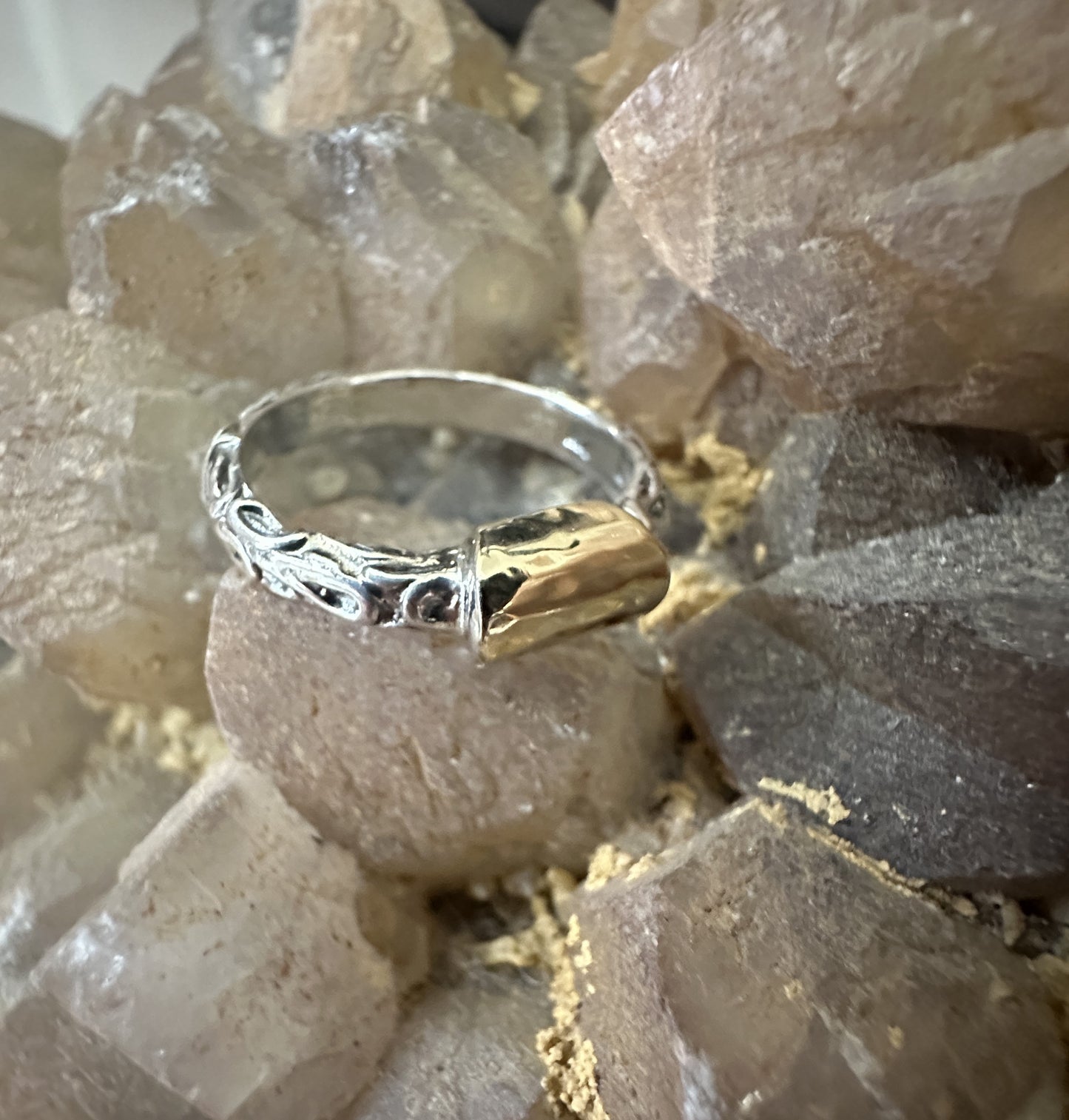 Solid Gold Bar On Decorative Sterling Silver Band Ring