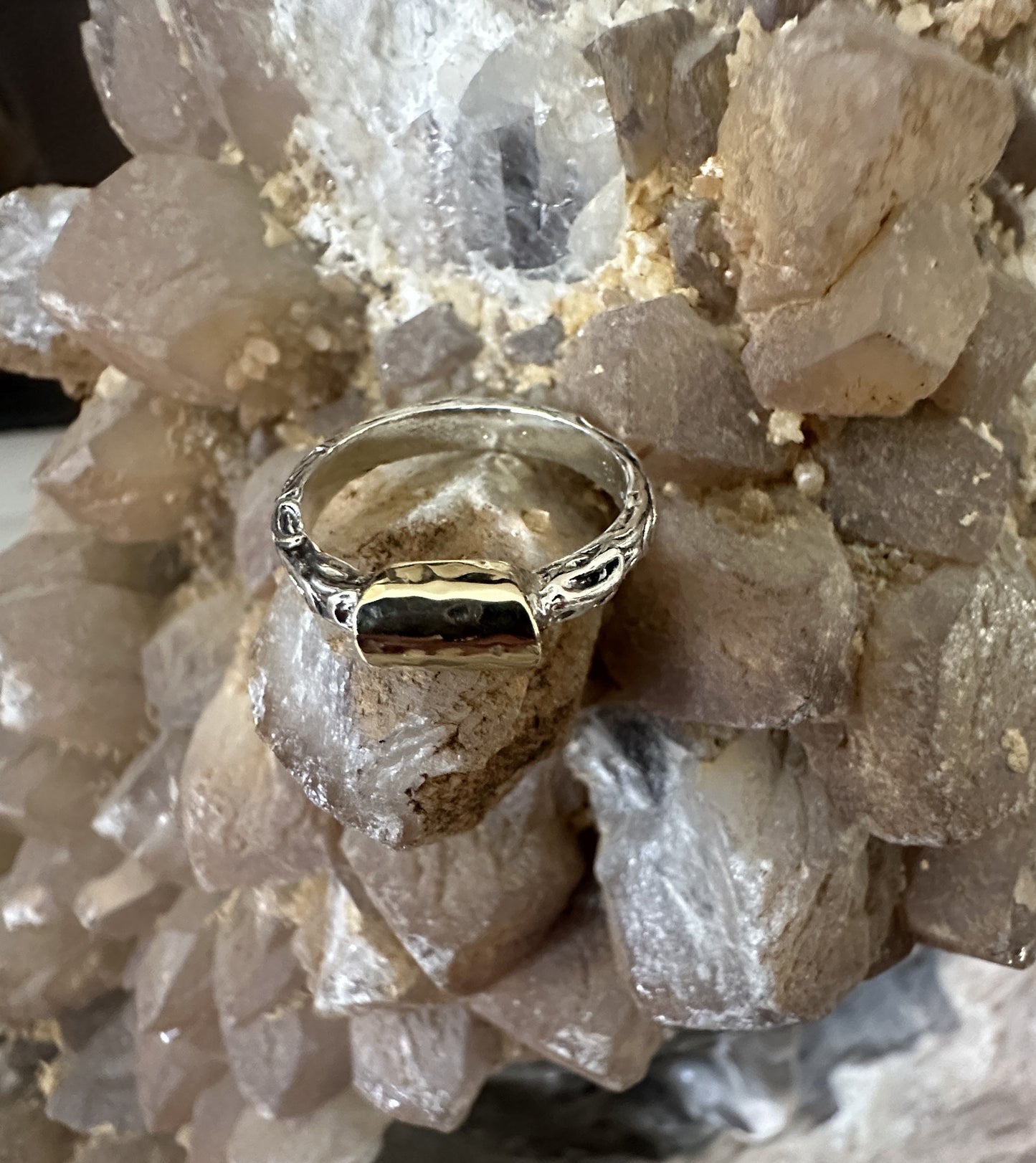 Solid Gold Bar On Decorative Sterling Silver Band Ring
