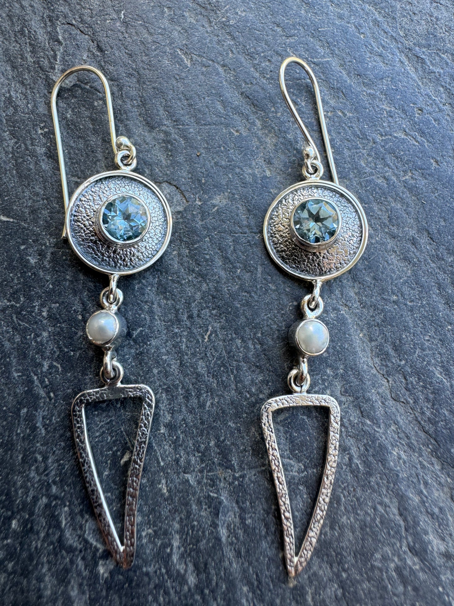 Blue Topaz & Pearl Triangle Earrings
