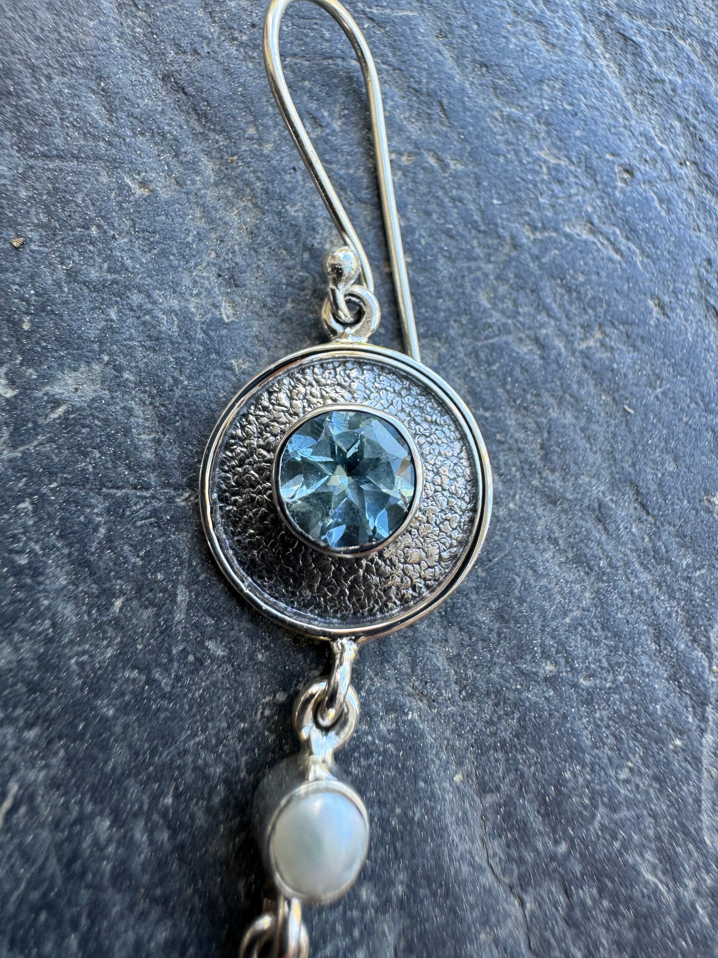 Blue Topaz & Pearl Triangle Earrings