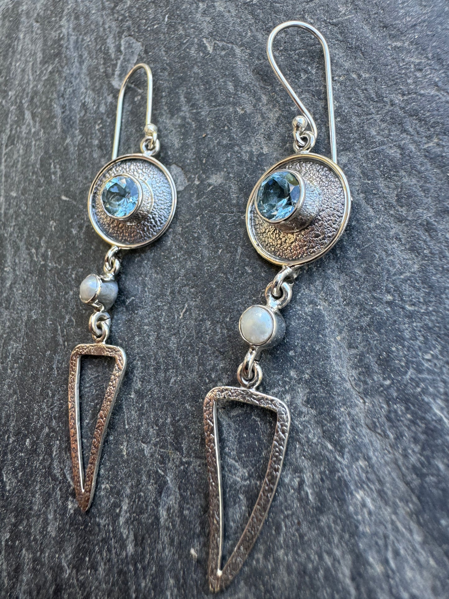 Blue Topaz & Pearl Triangle Earrings