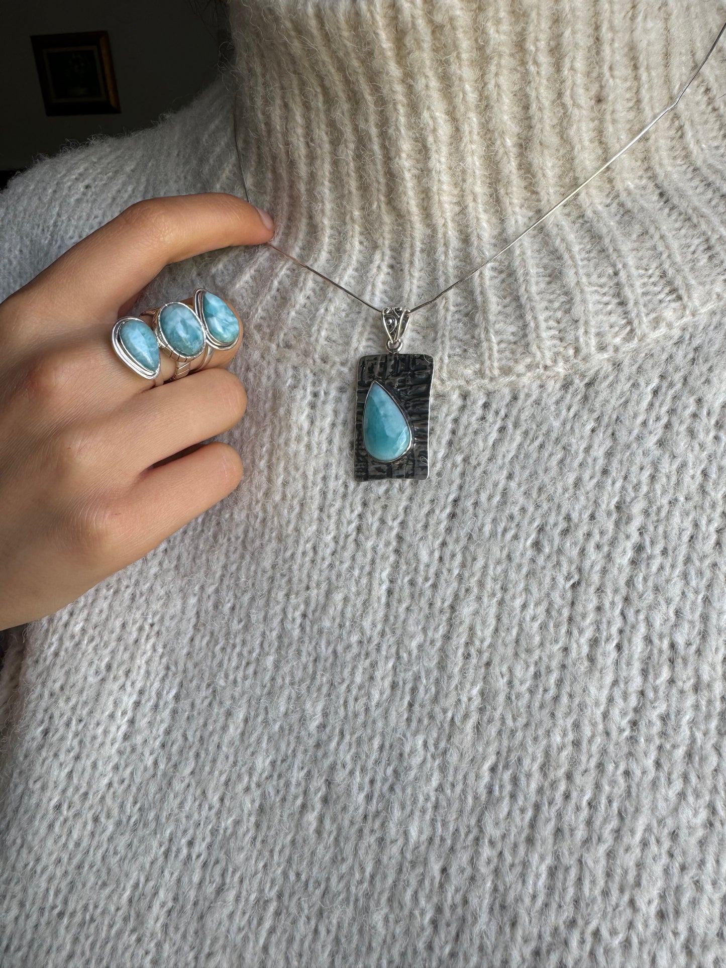 3 Larimar Stones Sterling Silver Ring