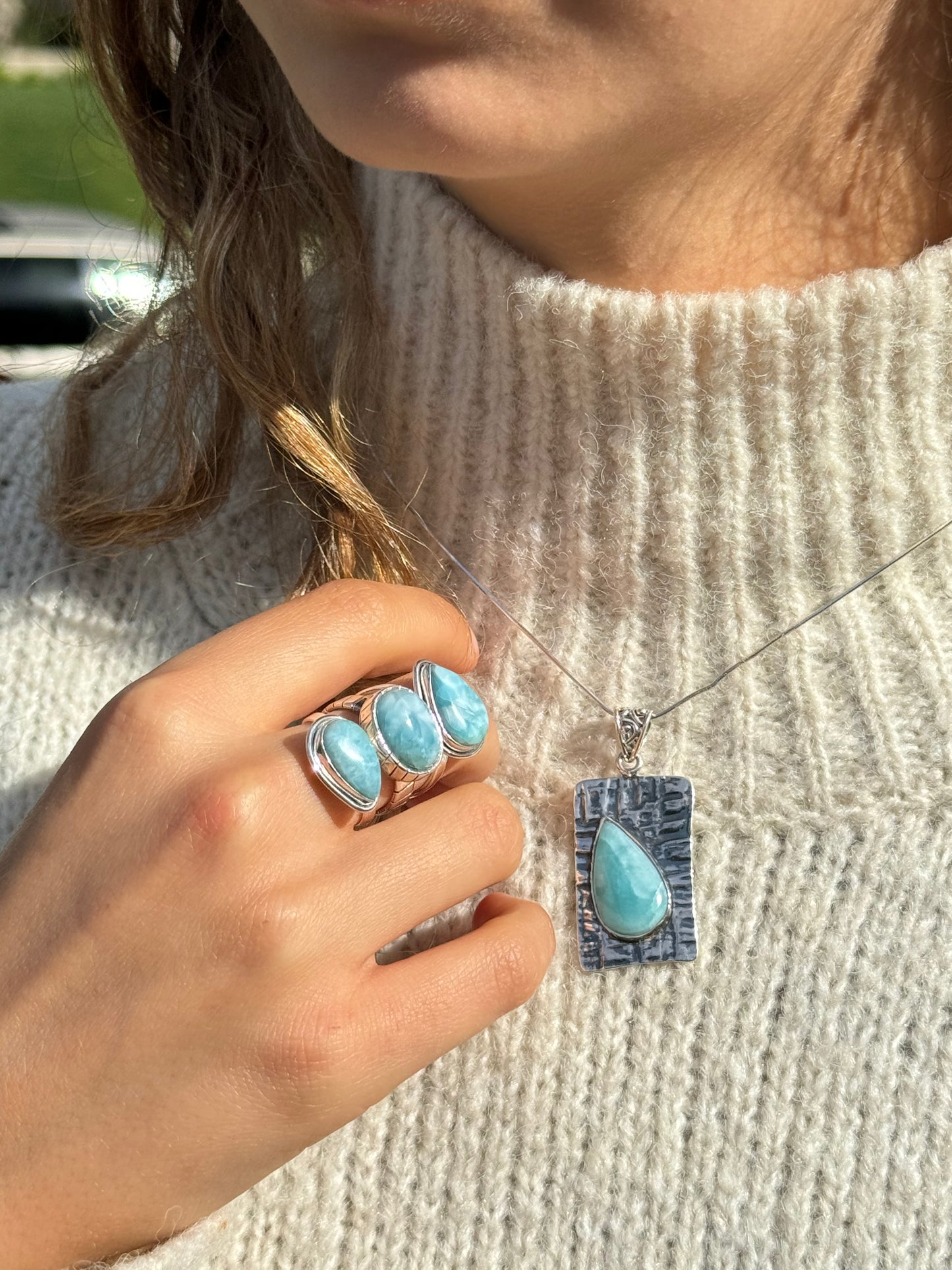 3 Larimar Stones Sterling Silver Ring