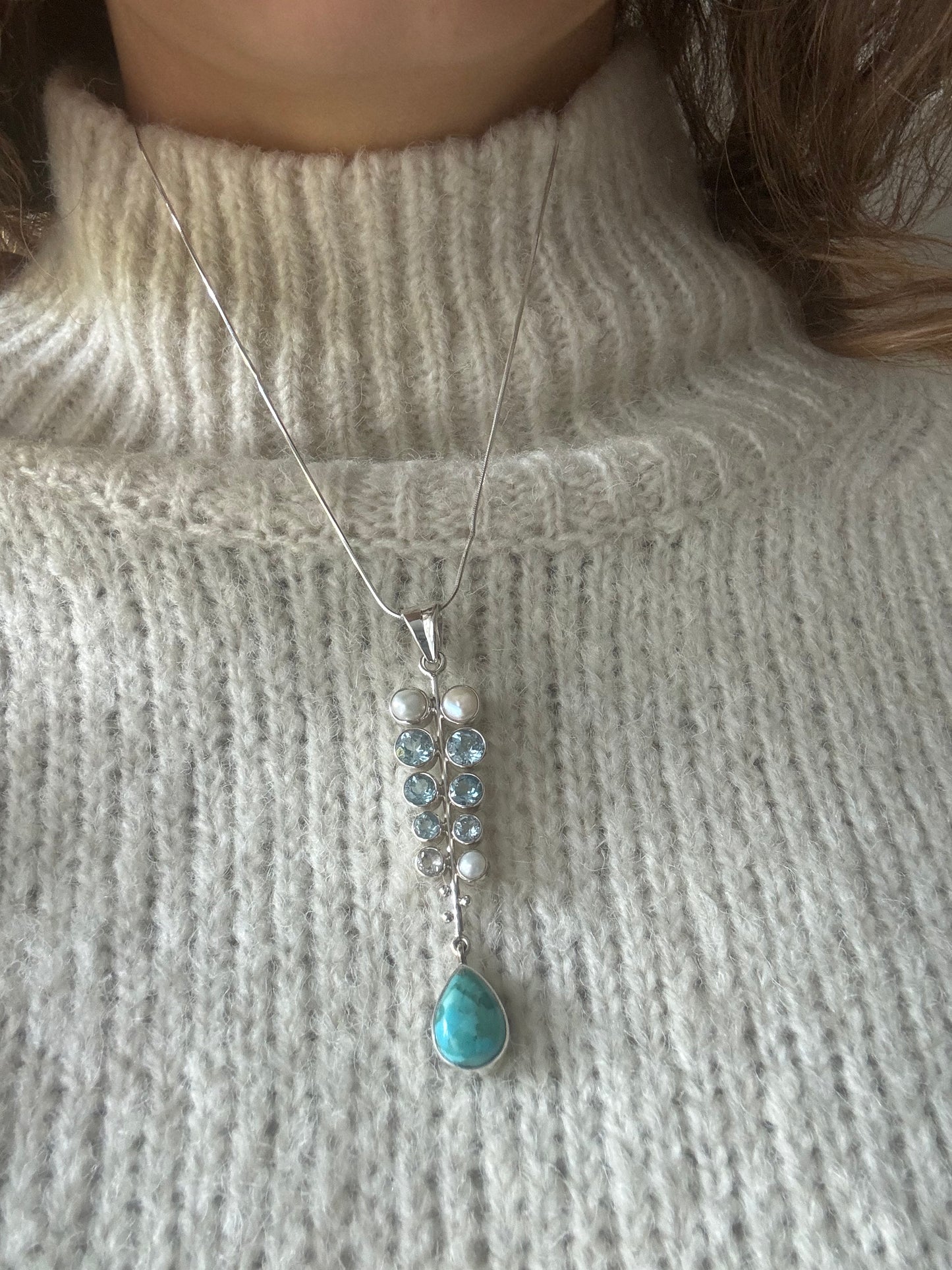 Turquois, Blue Topaz, Pearl & CZ Harmony Necklace