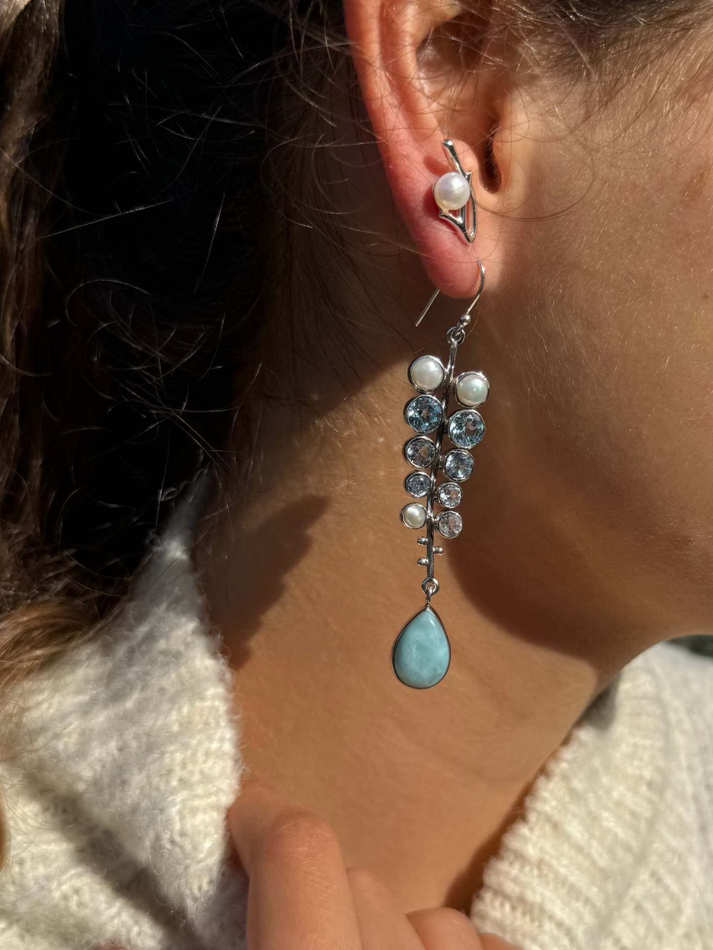 Blue Topaz, Pearl & Larimar Harmony Earrings