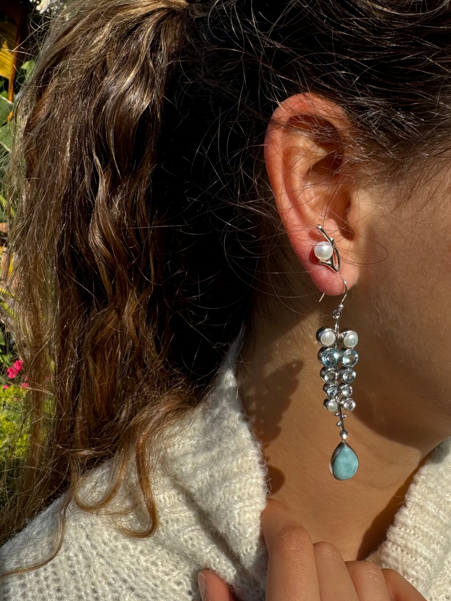 Blue Topaz, Pearl & Larimar Harmony Earrings
