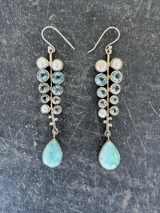 Blue Topaz, Pearl & Larimar Harmony Earrings