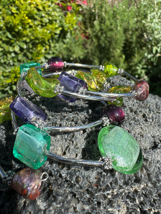 Green Purple Galaxy Spiral Blown Glass Bracelet