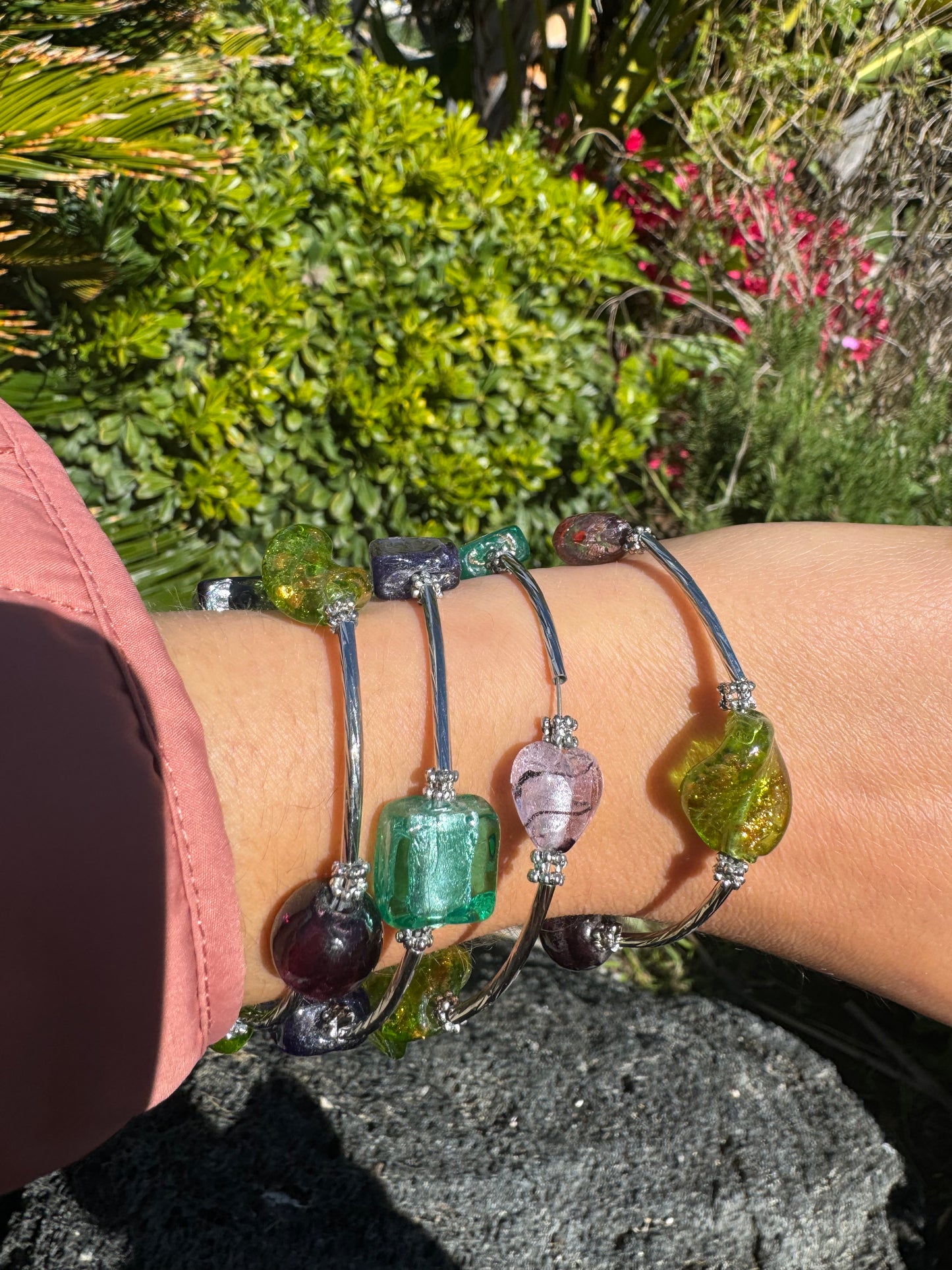 Green Purple Galaxy Spiral Blown Glass Bracelet