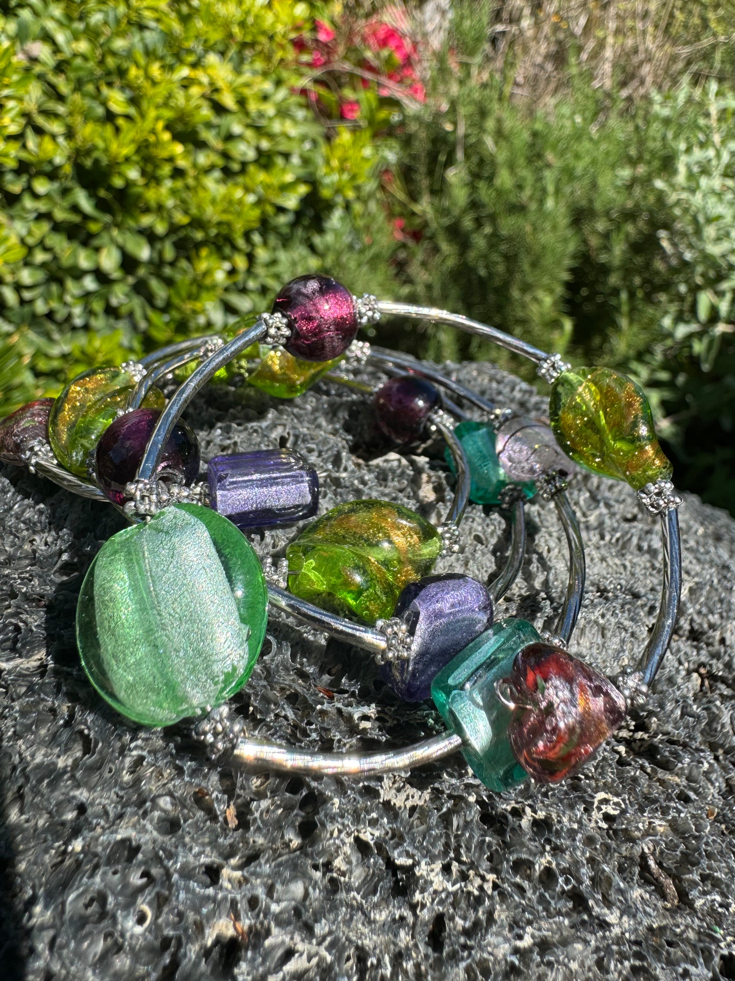 Green Purple Galaxy Spiral Blown Glass Bracelet