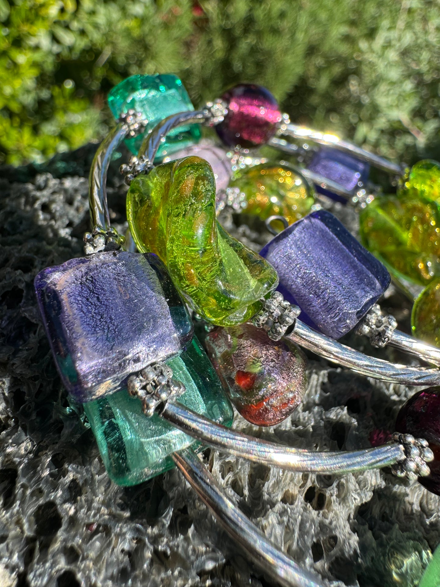 Green Purple Galaxy Spiral Blown Glass Bracelet