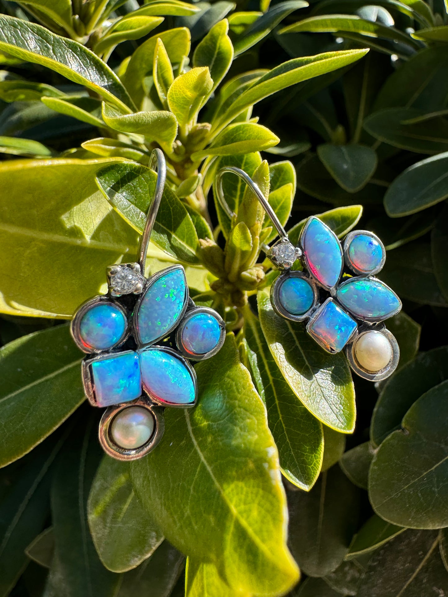 Blue Opal, Pearl & C.Z Earrings