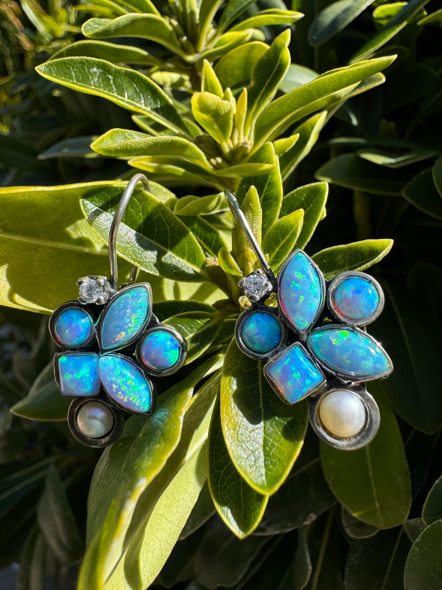 Blue Opal, Pearl & C.Z Earrings