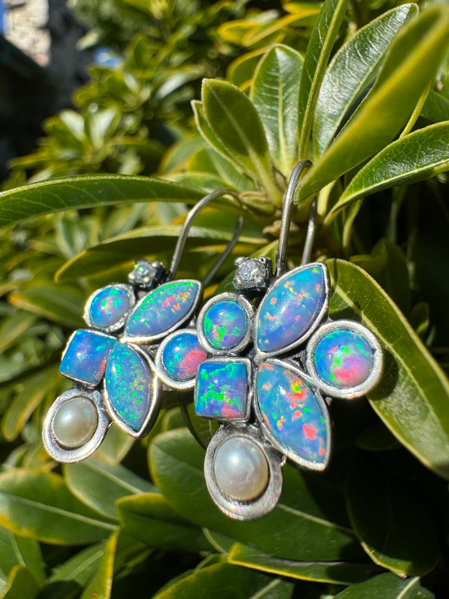 Blue Opal, Pearl & C.Z Earrings