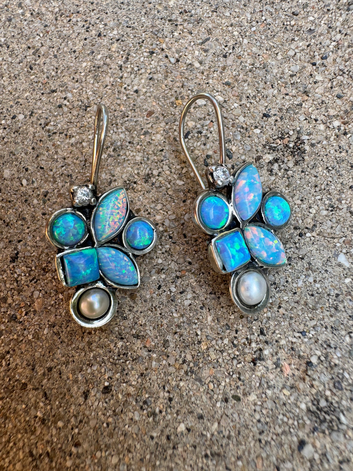 Blue Opal, Pearl & C.Z Earrings
