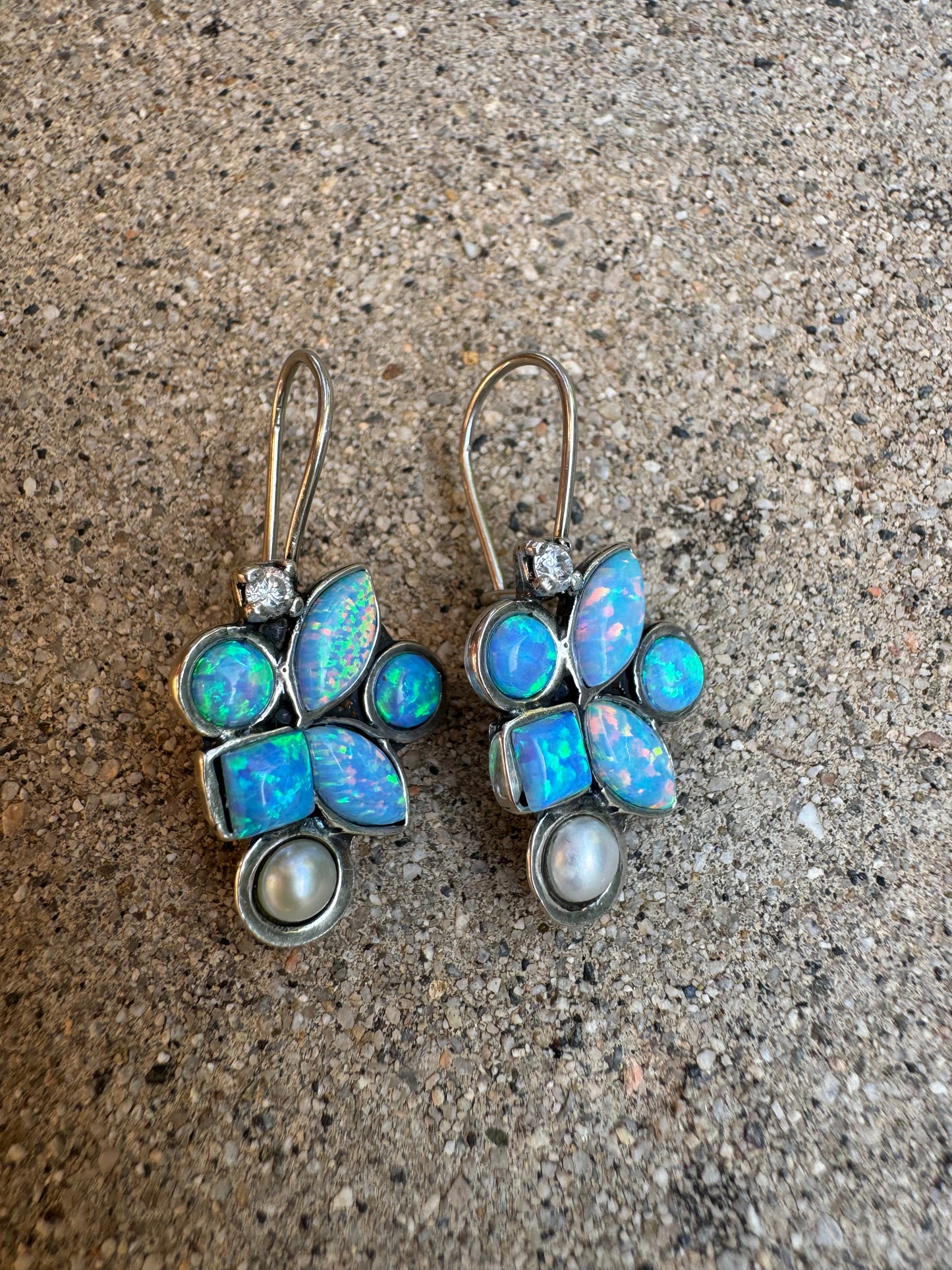Blue Opal, Pearl & C.Z Earrings