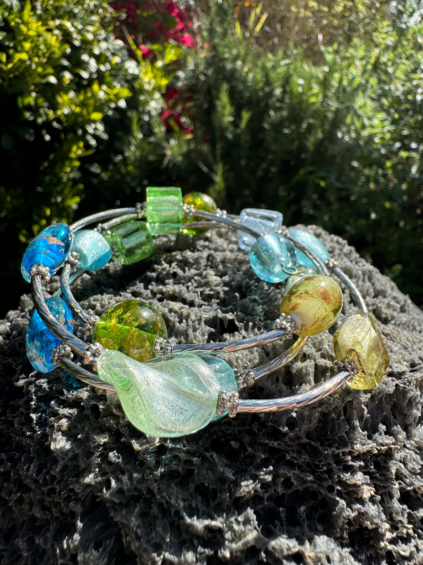 Blue Green Galaxy Spiral Blown Glass Bracelet