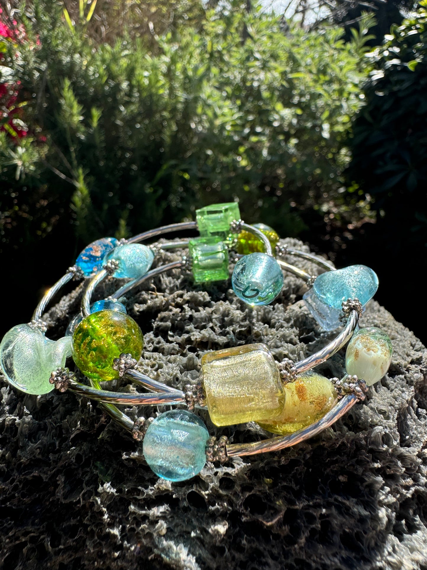 Blue Green Galaxy Spiral Blown Glass Bracelet