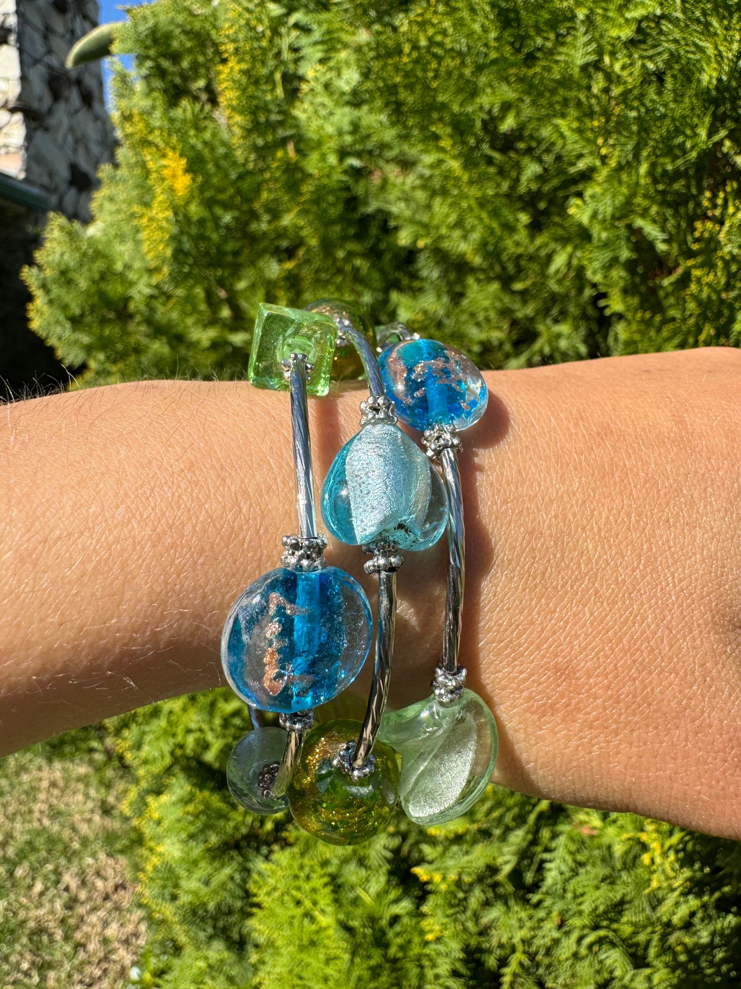 Blue Green Galaxy Spiral Blown Glass Bracelet