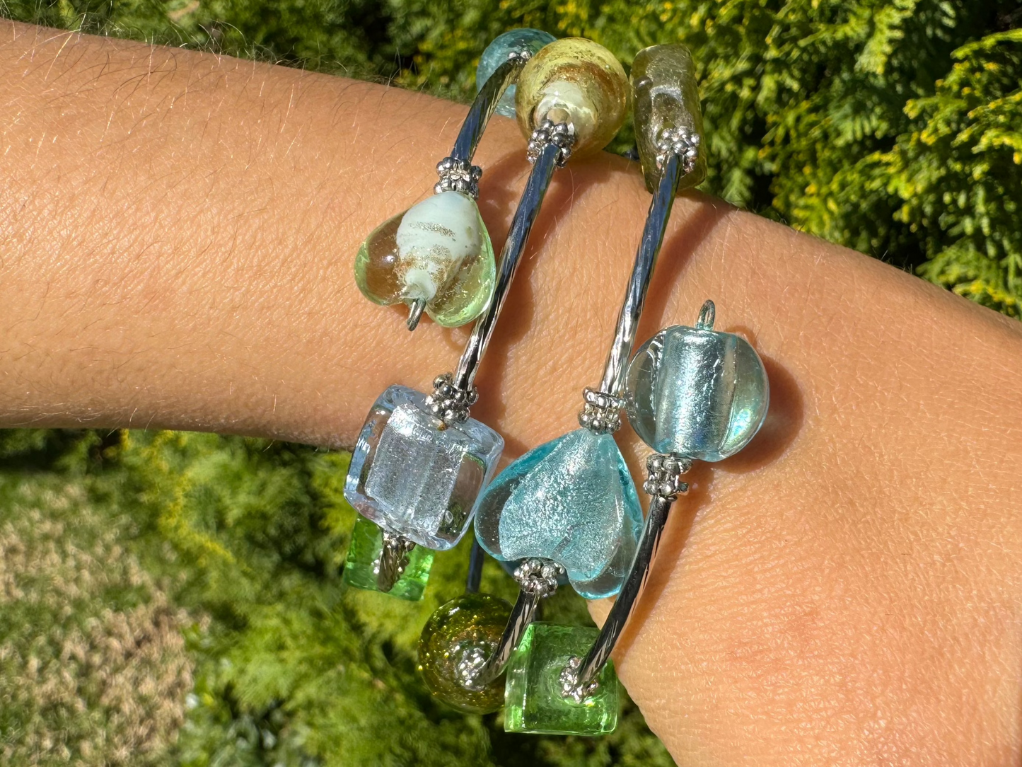 Blue Green Galaxy Spiral Blown Glass Bracelet