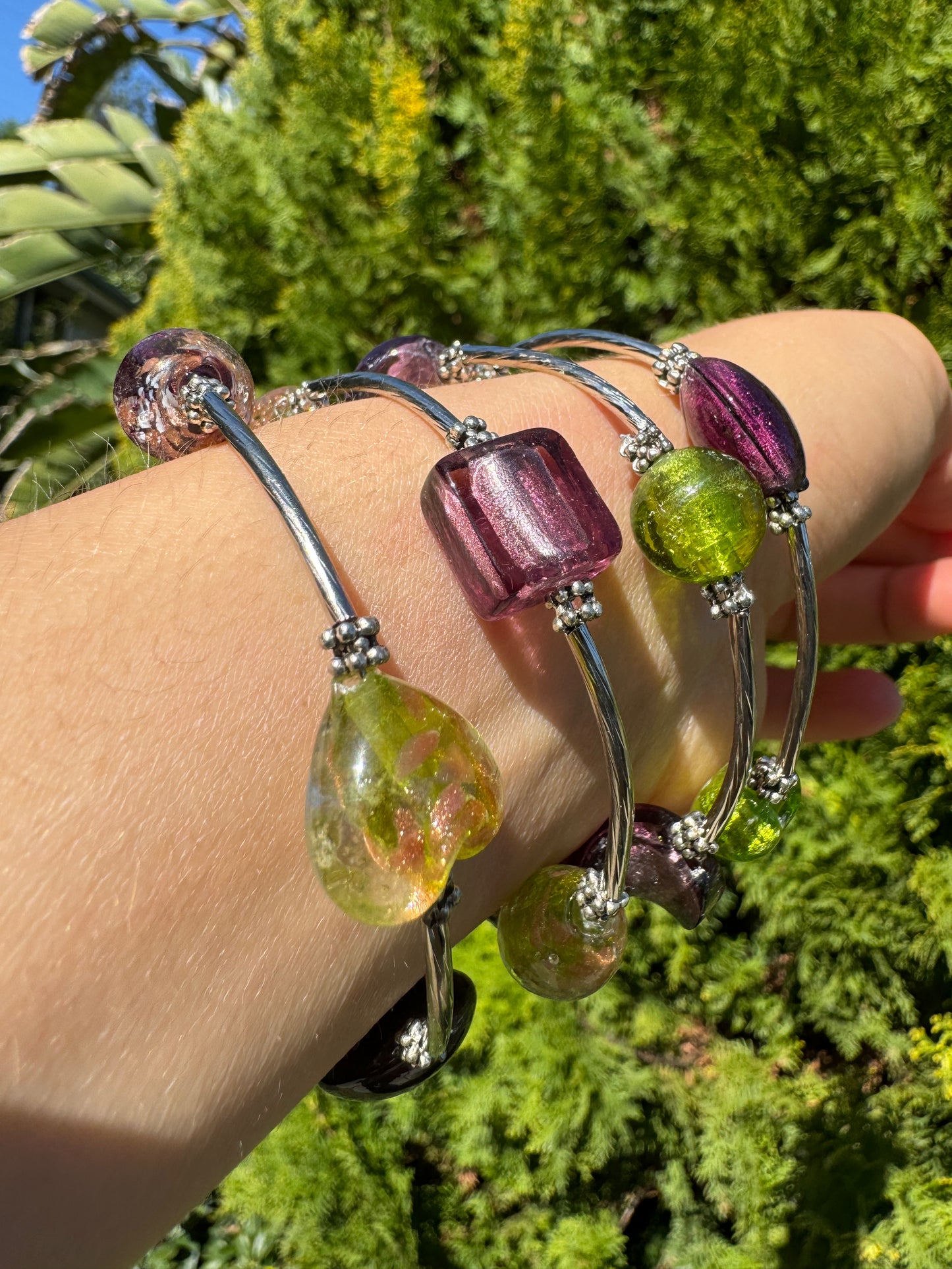 Purple Green Galaxy Spiral Blown Glass Bracelet